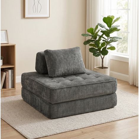 MEUBLIV Sillón convertible 2 en 1 gris de chenilla, cama plegable con cojín (1/5)