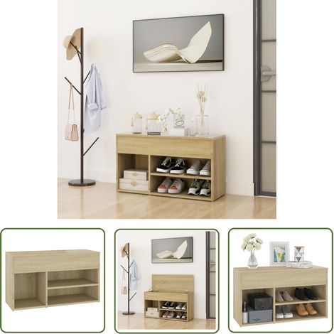 The Living Store Schuhbank Sonoma-Eiche 80x30x45 cm Holzwerkstoff - Schuhbank - Schuhregal - Aufbewahrungsbox - Garderobe - Wohnzimmermöbel (1/5)