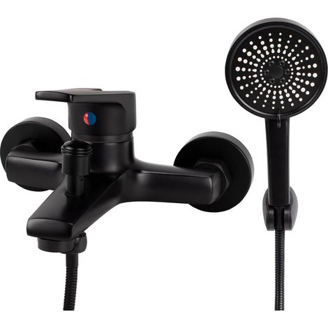 Mitigeur Baignoire, Robinet Baignoire avec Douchette 5 Jets, Mitigeur de Douche Mural Robinet de Bain Laiton Mitigeur de bain cascade Robinet Bain Douche pour Salle de Bain(Noir) (1/5)