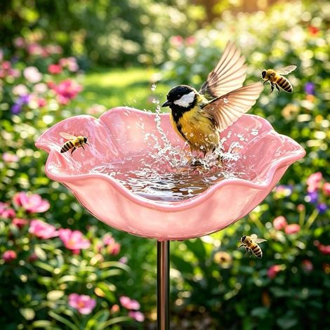 Baño para pájaros 4 en 1, comedero para colibríes, metal hecho a mano con decoración floral (rosa) (1/5)