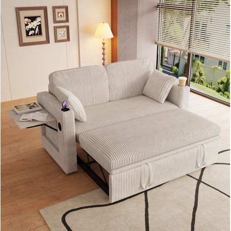 Sofá cama 3 en 1 convertible, respaldo ajustable en 5 posiciones, con portavasos y mesa, corduroy blanco (1/5)