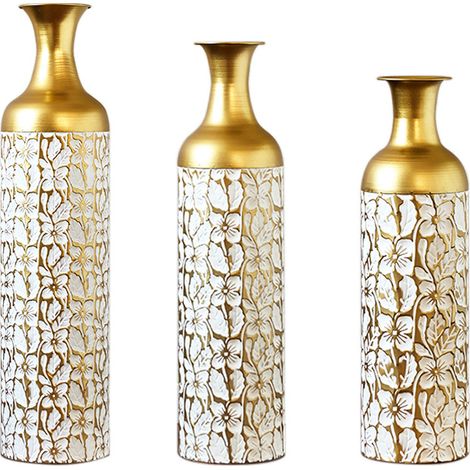 Lot de 3 vases de sol décoratifs en métal doré et blanc, avec motif floral, hauteurs 50, 66 et 85 cm, pour salon et entrée - CHICFURN (1/5)