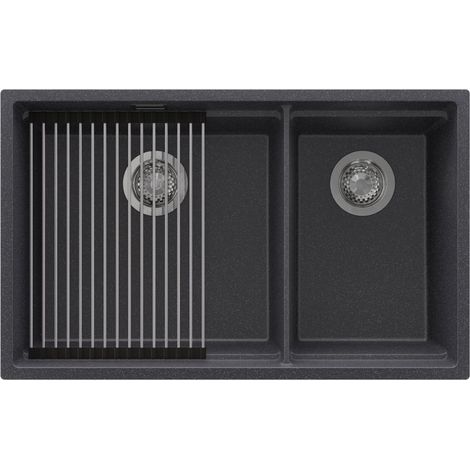 PRIMAGRAN Evier Cuisine en Granit 76x47cm,Lavabo 2 bacs + Kit de Vidage + Égouttoir Enroulable, Évier à Encastrer au meuble 80cm - Prague Slim Duo, Graphite