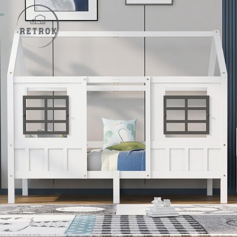 Lit Cabane 90x200cm - Lit de Maison Cadre en Pin Lit Simple MDF Lit de Jour avec 2 Fenêtres - Lit d'Enfant Blanc (1/5)
