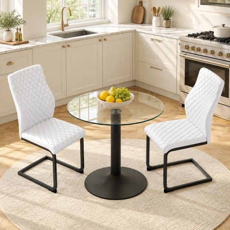 Set tavolo e sedie rotondo in vetro temperato 85 cm, 2 sedie bianche DESVIAE (1/5)