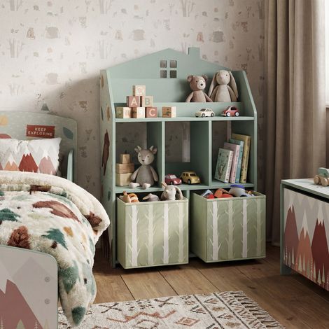Estantería infantil con 2 cajones de tela y estante abierto para niños de 3 a 8 años, 62,5 x 30 x 91,5 cm, color verde.
