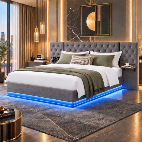 Lit coffre hydraulique 140x200cm avec rangement tete, grande tete, USB et sans fil, Éclairage LED, sommier à lattes, gris lin