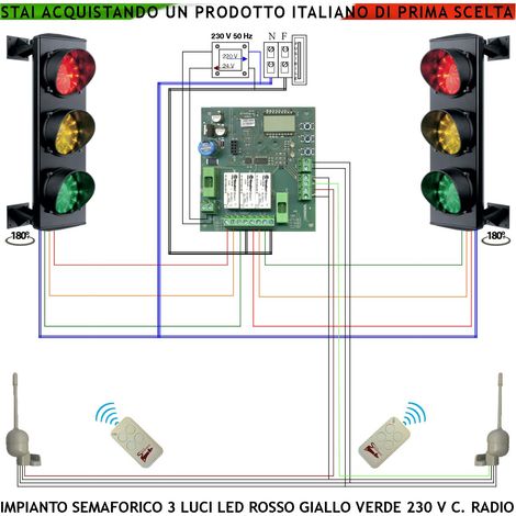 Impianto Semaforico 24 Led Rossi Gialli e Verdi 230 V 50 Hz 3 W CE IP65 Funzioni Controllate da 2 Radioriceventi 2 Radiocomandi 433 MHz Tempi Regolabili da 3 a 240" Ingresso Uscita Veicoli Condominio (1/4)