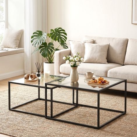 MEUBLIV Lot de 2 tables basses gigognes 75x75x42 cm noires – verre trempé et métal (1/5)