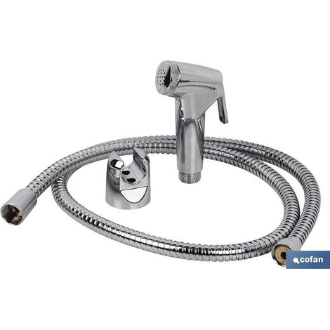 Kit de robinet de douche chromé avec bouton poussoir + cintre + flexible (1/4)