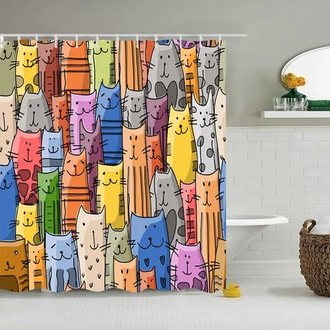 Rideau de douche amusant avec crochets, imperméable, motif chat et chien 3D, 300 x 180 cm, style créatif et original.