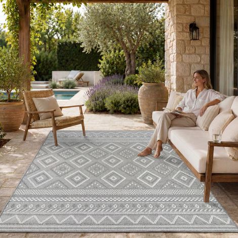 Paco Home Alfombra Exterior Interior Balcón Terraza Cocina Motivo Boho Étnico Moderno 300x400 cm, Gris 2 (1/5)