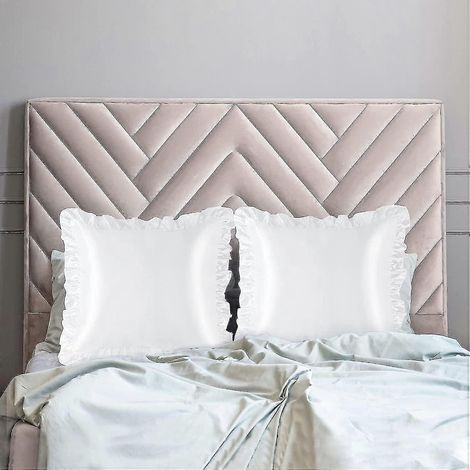 Set mit 2 luxuriösen, gerüschten Kissenbezügen aus seidigem Retro-Satin mit Rüschen, 85 g/m² Satin-Kissenbezüge mit Hotelverschluss – Standard – Weiß