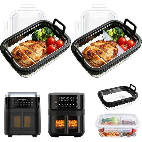 Plat en Verre pour Air Fryer, Lot de 2 plats à four pour friteuse à air chaud avec couvercle et poignées en silicone, Air Fryer Accessoires pour AF400EU AF500EU AF451EU DZ401