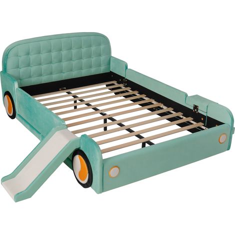 Cama infantil coche con tobogán y escalera 140 x 200 cm azul verde HOMVRA (1/5)