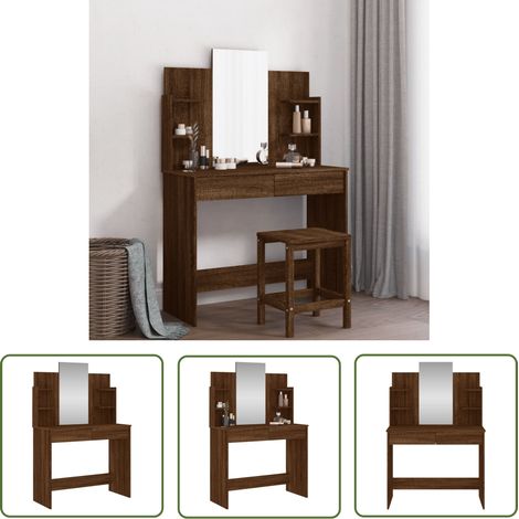 The Living Store Coiffeuse avec miroir chêne marron 96x39x142 cm - Coiffeuse - Meuble De Salle De Bain - Vanity - Table De Maquillage - Miroir (1/5)