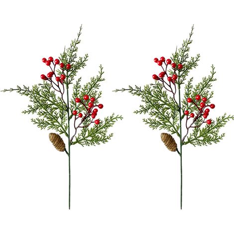(Kleine, sechszackige Kiefernzweige mit Früchten) 2 künstliche Kiefernnadeln, rote Weihnachtszapfen, Blumenschmuck, künstliche Kiefernzweige (1/2)