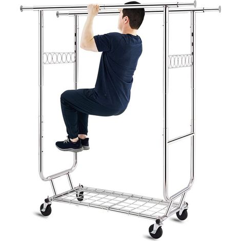 Portant à vêtements double avec étagères, capacité de 272,2 kg, portant à vêtements sur roulettes, porte-vêtements à roulettes pour suspendre des vêtements (1/5)