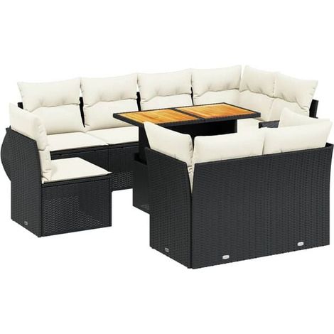 Ensemble de Mobilier de Jardin 9 Pièces, Canapé d'Extérieur en Résine Tressée Noire avec Coussins Confortables, Salon de Jardin Moderne pour Terrasse et Patio (1/5)