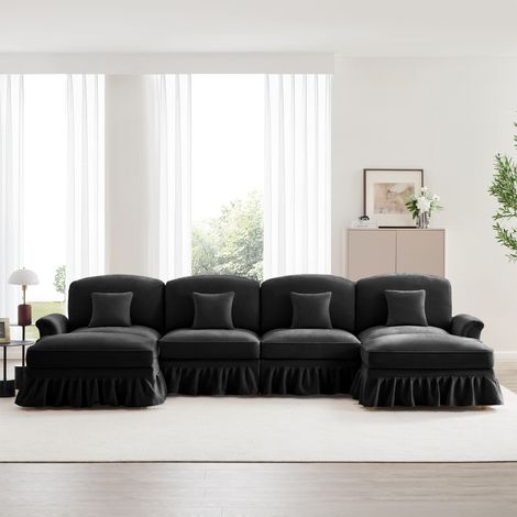 Divano componibile grande a U da 4 posti, tessuto ciniglia, stile Mid-Century Modern, poggiapiedi rimovibile e gonna arricciata, L 350 cm, Nero
