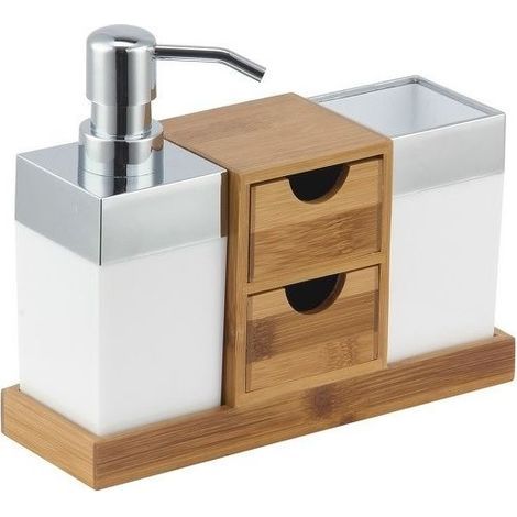 Ensemble d'accessoires de salle de bain – 3 pièces en bambou et inox – Distributeur de savon, tiroirs et gobelet – Compact pour petits espaces (1/2)