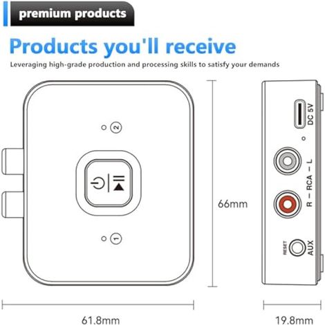 Adaptateur Audio Bluetooth 6.0, Récepteur Bluetooth 3.5 mm Klinke et Cincha, HiFi sans Fil avec Mode Bass pour chane stéréo et Haut-Parleur, Adaptateur Audio sans (1/4)