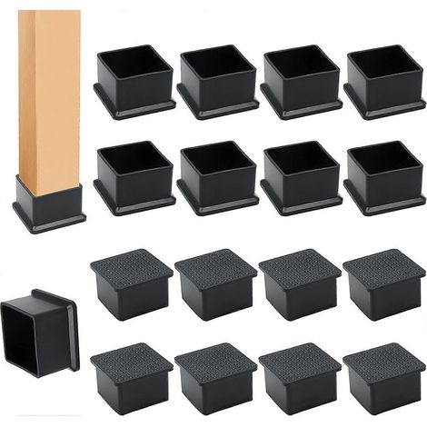Lot de 12 embouts de pieds de chaise en caoutchouc noir, carrés de 5 x 5 cm, pour meubles, tables et chaises. Protection antidérapante pour les sols. (1/5)