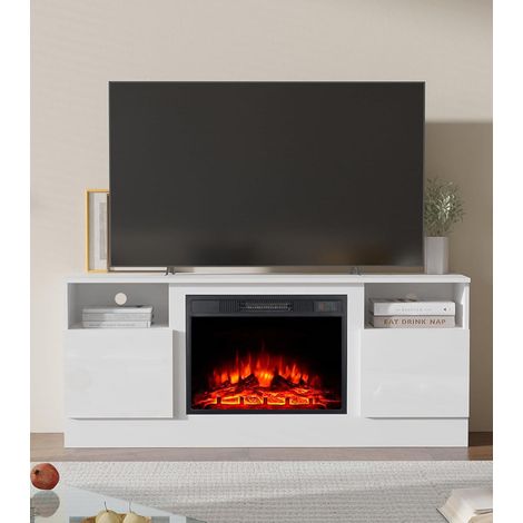 147cm W TV Stand Cabinet With 23" Fireplace Insert, Highlight Door Cabinet, Media Entertainment Center with 2 Open Shelves, Long Table for Living Room, White (1/5)