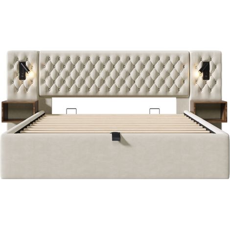 Letto contenitore matrimoniale 160 x 200 cm in velluto beige con 2 comodini, luci lettura e USB-C (1/5)