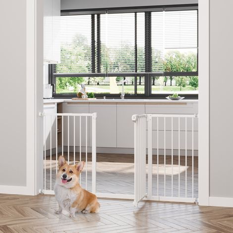 Barrière de protection pour portes, grille d'escaliers pour animaux de compagnie 74-147,5 cm, barrière pour chiens avec 3 extensions, barrière de sécurité sans perçage, métal blanc (1/5)
