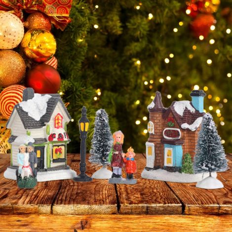 [Ensemble Maisons Miniatures Lumineuses] [Village Festif] [29x19x6cm] - Village de Noël Résine + ABS avec LEDs, Décoration Table Sapin Foyer, Boîtier Batterie 2AA, Cadeau Idéal Famille (1/4)