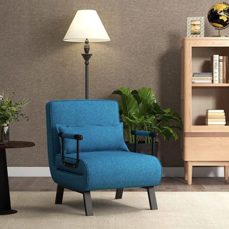 Goplus – Canapé-lit convertible 4 en 1 – Dossier réglable 6 positions – Construction robuste 150 kg – Tissu en lin respirant – Oreiller amovible bleu