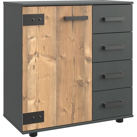 Commode meuble de rangement coloris imitation chêne/gris foncé - Longueur 81 x Hauteur 83 x Profondeur 41 cm -PEGANE-