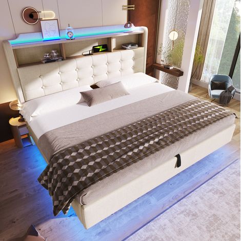 Polsterbett 180 x 200 cm mit LED, Stauraum und USB/Type-C, beige HAVRYA (1/5)