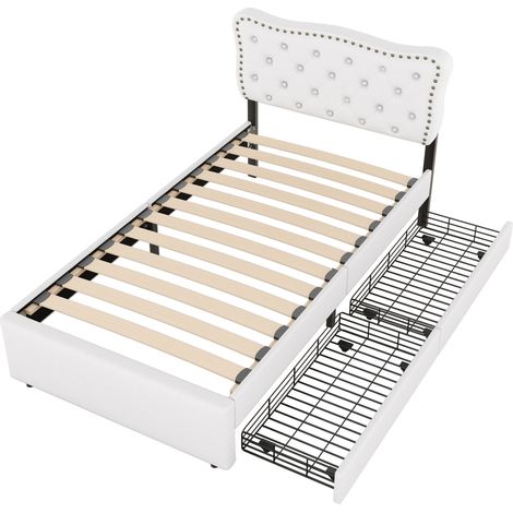 Lit capitonné 90x200 avec 2 tiroirs, lit simple beige clair en lin, tête de lit réglable pour chambre d'adulte ou enfant. (1/5)