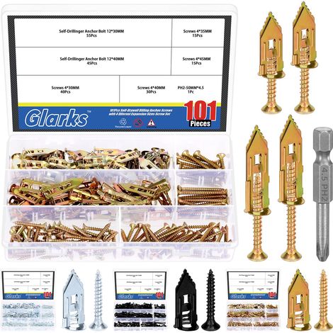201pcs ancres auto-forage avec ensemble de vis, 100pcs en acier au carbone creux ancre mur vissage vis avec 100pcs vis et 1pcs PH2 bit kit pour aucun forage ou trous dans le mur (1/5)