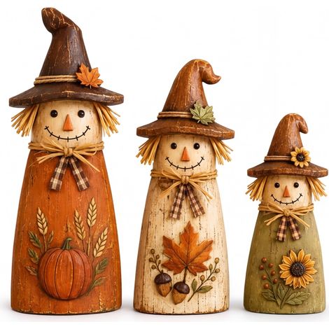 Juego de 3 figuras de espantapájaros de madera para decoración otoñal, ideales para chimenea, aparador o cualquier otro lugar del hogar. (1/5)