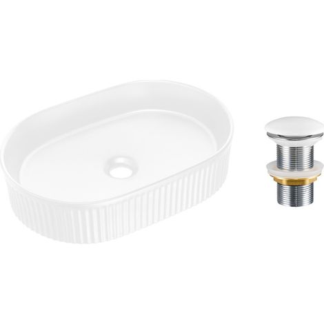 Lavabo ovale da appoggio 48x33 cm bianco lucido in ceramica con piletta clic-clac