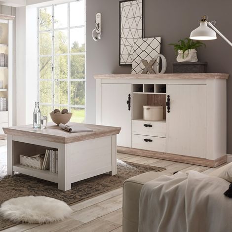 Couchtisch mit Klappe und Sideboard FERNA-61 in Pinie weiß und Oslo dunkel Nb. B/H/T ca. 168x104x44 cm (1/5)