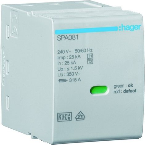 Cartouche L-N/PEN Uc 350V Iimp 25kA Up 1.5kV pour SPA80x - HAGER SPA081