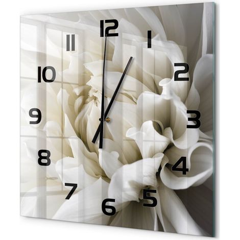 Grande Horloge Murale Carrée Décoration Murale Verre Trempé Design Artistique Dahlia blanc 60x60 cm (1/5)