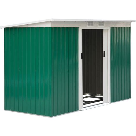 Gerätehaus, Gartenhaus, Geräteschuppen Mit Schiebetür, Lüftungsfenster, Pultdach, Outdoor, Stahl, Dunkelgrün, 280 X 130 X 172 Cm