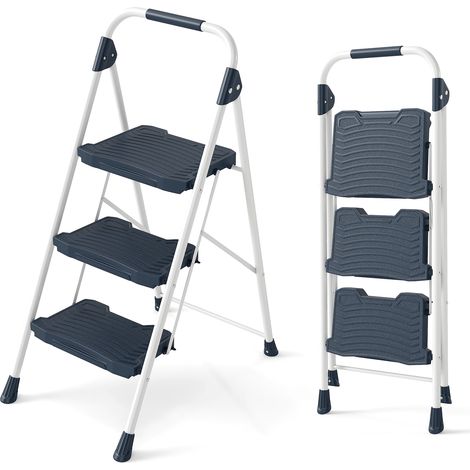 COSTWAY 3 Step Ladder Folding Step Stool with Cushioned Handrail-Blue (1/5)