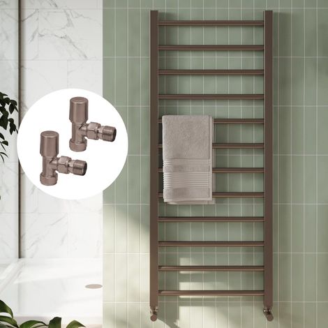 Brushed Bronze 1200 x 500mm Heated Bathroom Towel Rail Warmer Ladder Radiator with Angled Manual Valves Pair (1/3)