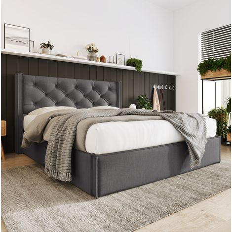 DESVIAE Lit double rembourré avec coffre de rangement 160 x 200 cm tête de lit capitonnée sommier à lattes en bois et cadre métal gris (1/5)