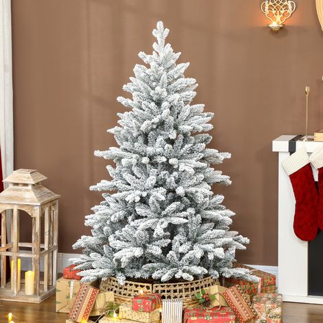 Sapin de Noël artificiel effet neige 150 cm, arbre festif 768 branches, pied métallique repliable, couleur vert sapin (1/5)