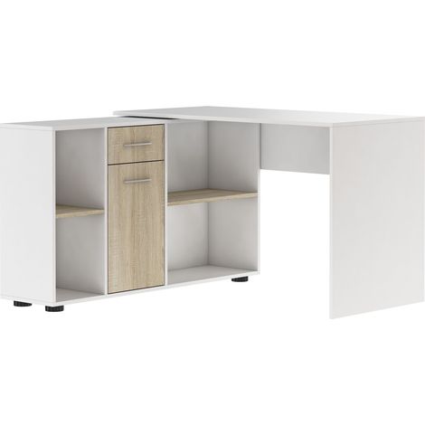 Bureau d'angle modulable blanc et naturel avec rangement Kalilo 120cm (1/5)