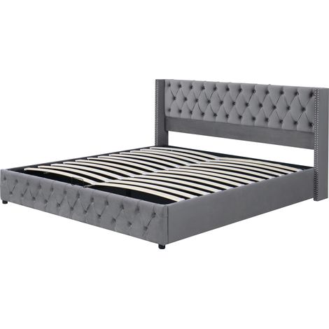 Letto contenitore capitonné in velluto grigio 160 x 200 cm HOMVRA (1/5)