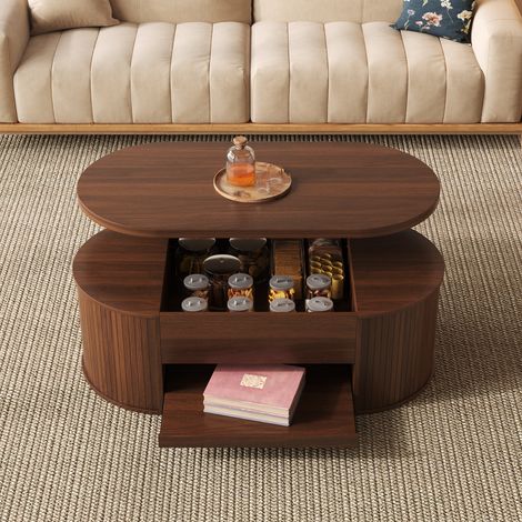 DESMIU Table basse relevable avec rangement et tablette coulissante pour salon, en MDF, noyer naturel, 110 × 55,5 × 40 cm