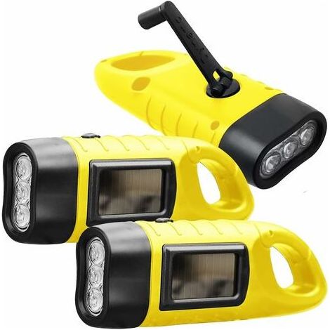 Lampe de poche LED rechargeable 3 pièces, lampe de poche solaire rechargeable avec boucle de randonnée, lampe de poche dynamo, lampe de poche, manivelle pour extérieur/camping/urgence (jaune) (1/5)